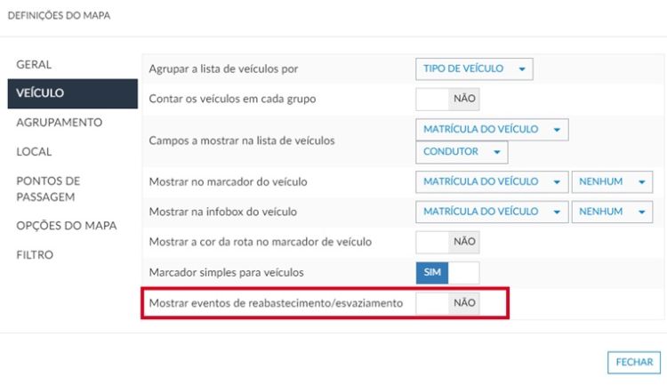 Mostrar eventos de reabastecimento / esvaziamento
